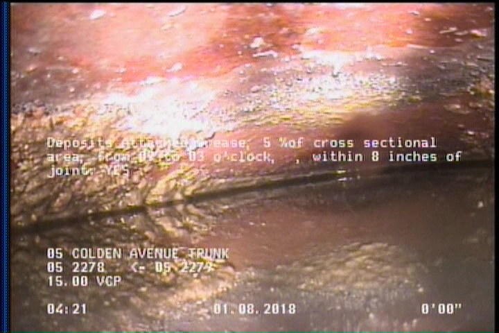 Deposits Attached Grease, 5 %of cross sectional area, from 09 to 03 o'clock, , within 8 inches of joint: YES