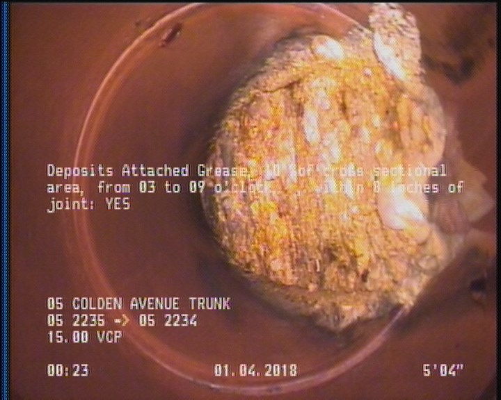 Deposits Attached Grease, 10 %of cross sectional area, from 03 to 09 o'clock, , within 8 inches of joint: YES