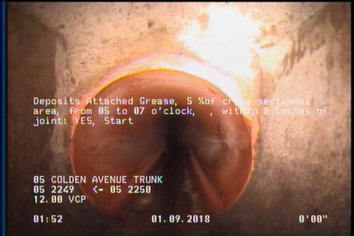 Deposits Attached Grease, 5 %of cross sectional area, from 05 to 07 o'clock, , within 8 inches of joint: YES, Start