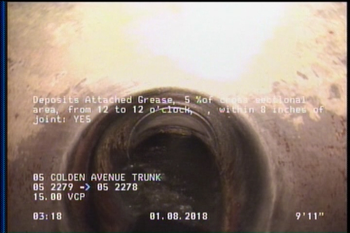 Deposits Attached Grease, 5 %of cross sectional area, from 12 to 12 o'clock, , within 8 inches of joint: YES