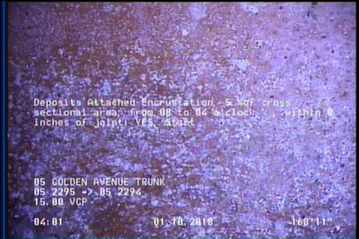 Deposits Attached Encrustation, 5 %of cross sectional area, from 08 to 04 o'clock, , within 8 inches of joint: YES, Start