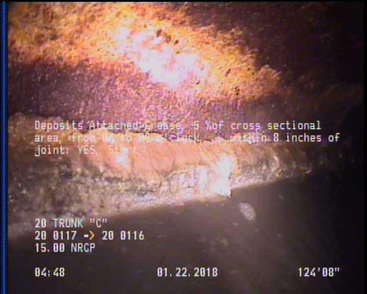Deposits Attached Grease, 5 %of cross sectional area, from 04 to 08 o'clock, , within 8 inches of joint: YES, Start