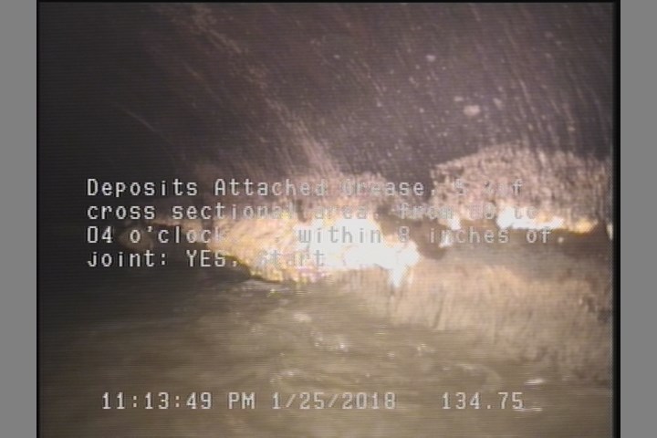 Deposits Attached Grease, 5 %of cross sectional area, from 08 to 04 o'clock, , within 8 inches of joint: YES, Start