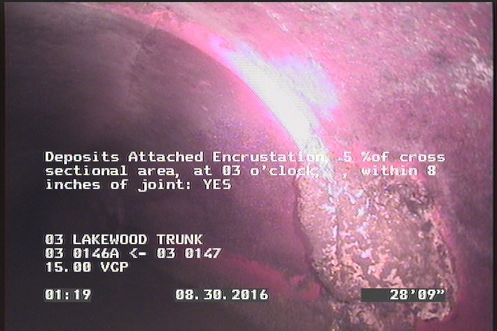 Deposits Attached Encrustation, 5 %of cross sectional area, at 03 o'clock, , within 8 inches of joint: YES