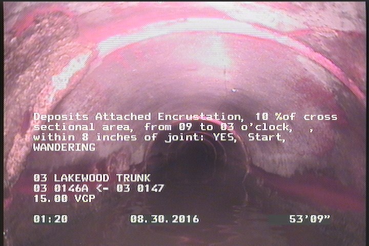 Deposits Attached Encrustation, 10 %of cross sectional area, from 09 to 03 o'clock, , within 8 inches of joint: YES, Start - WANDERING