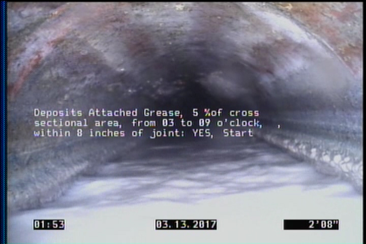 Deposits Attached Grease, 5 %of cross sectional area, from 03 to 09 o'clock, , within 8 inches of joint: YES, Start