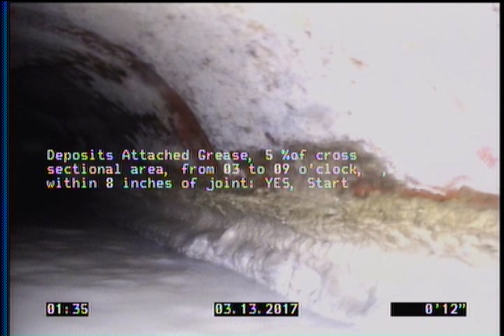 Deposits Attached Grease, 5 %of cross sectional area, from 03 to 09 o'clock, , within 8 inches of joint: YES, Start
