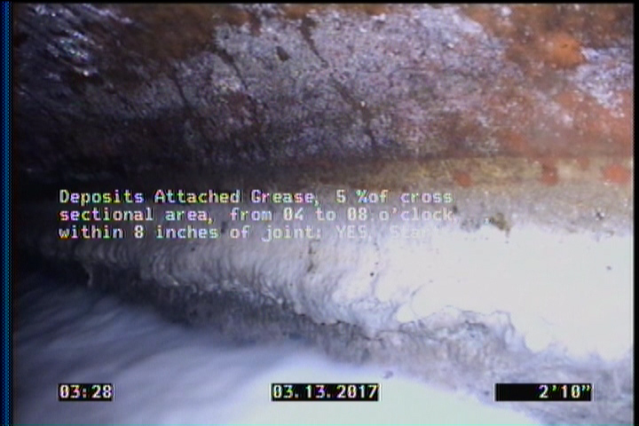 Deposits Attached Grease, 5 %of cross sectional area, from 04 to 08 o'clock, , within 8 inches of joint: YES, Start