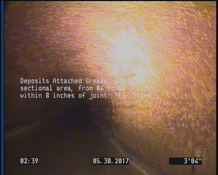 Deposits Attached Grease, 5 %of cross sectional area, from 04 to 08 o'clock, , within 8 inches of joint: YES, Start