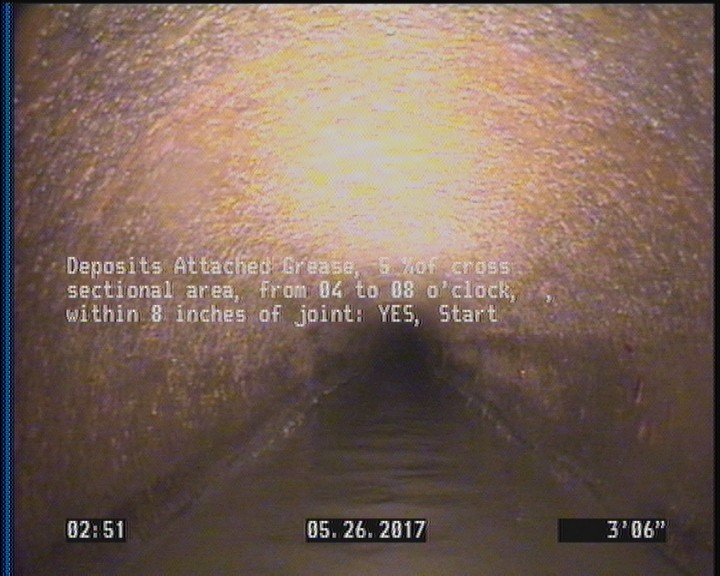 Deposits Attached Grease, 5 %of cross sectional area, from 04 to 08 o'clock, , within 8 inches of joint: YES, Start