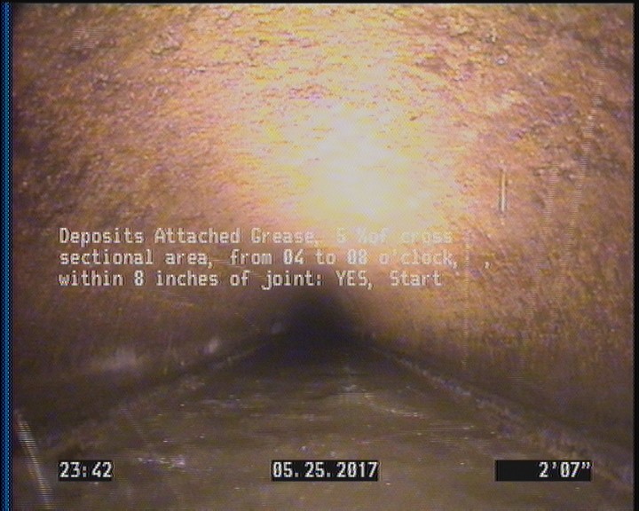 Deposits Attached Grease, 5 %of cross sectional area, from 04 to 08 o'clock, , within 8 inches of joint: YES, Start