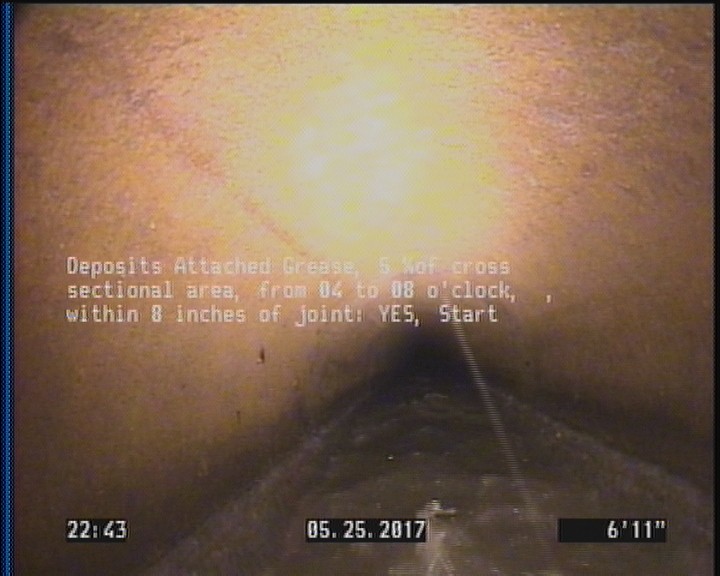 Deposits Attached Grease, 5 %of cross sectional area, from 04 to 08 o'clock, , within 8 inches of joint: YES, Start