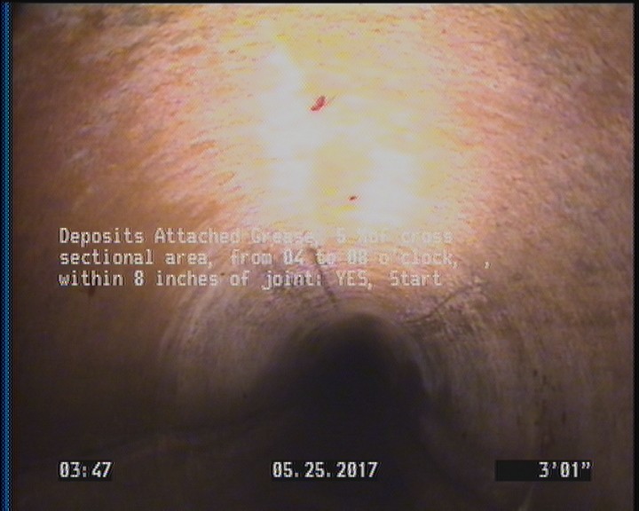 Deposits Attached Grease, 5 %of cross sectional area, from 04 to 08 o'clock, , within 8 inches of joint: YES, Start