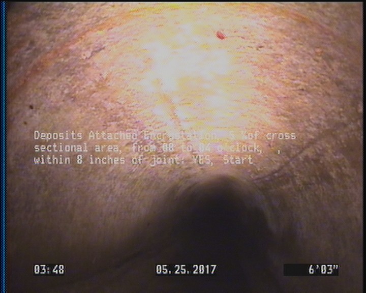 Deposits Attached Encrustation, 5 %of cross sectional area, from 08 to 04 o'clock, , within 8 inches of joint: YES, Start