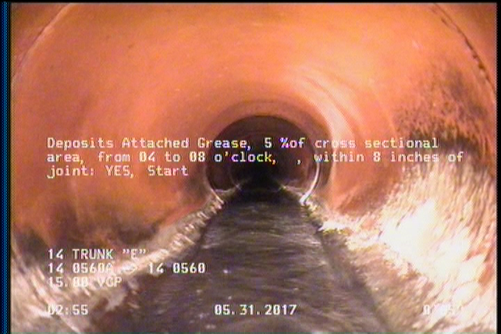 Deposits Attached Grease, 5 %of cross sectional area, from 04 to 08 o'clock, , within 8 inches of joint: YES, Start