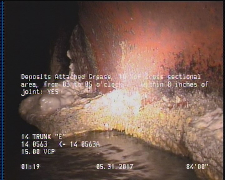 Deposits Attached Grease, 10 %of cross sectional area, from 03 to 05 o'clock, , within 8 inches of joint: YES