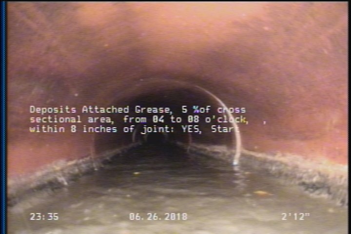Deposits Attached Grease, 5 %of cross sectional area, from 04 to 08 o'clock, , within 8 inches of joint: YES, Start