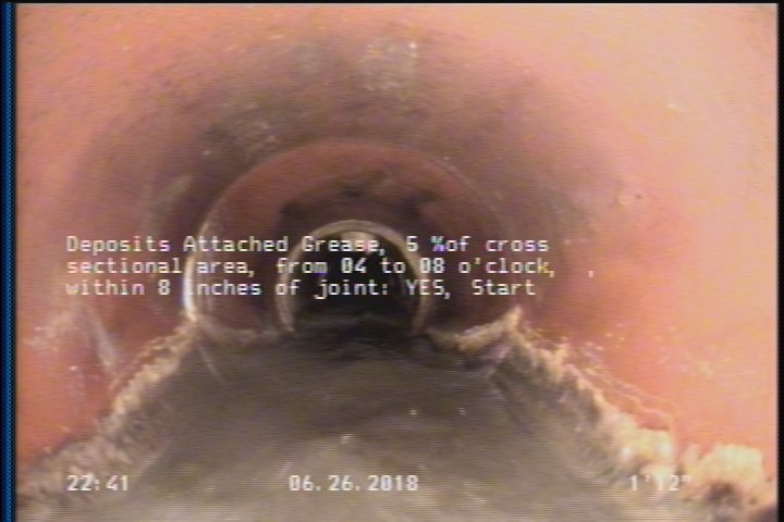 Deposits Attached Grease, 5 %of cross sectional area, from 04 to 08 o'clock, , within 8 inches of joint: YES, Start