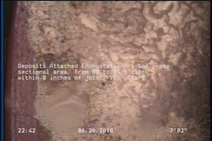 Deposits Attached Encrustation, 5 %of cross sectional area, from 08 to 04 o'clock, , within 8 inches of joint: YES, Start