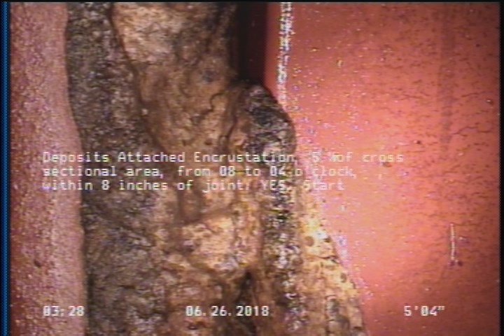 Deposits Attached Encrustation, 5 %of cross sectional area, from 08 to 04 o'clock, , within 8 inches of joint: YES, Start