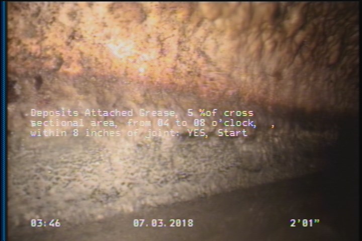 Deposits Attached Grease, 5 %of cross sectional area, from 04 to 08 o'clock, , within 8 inches of joint: YES, Start