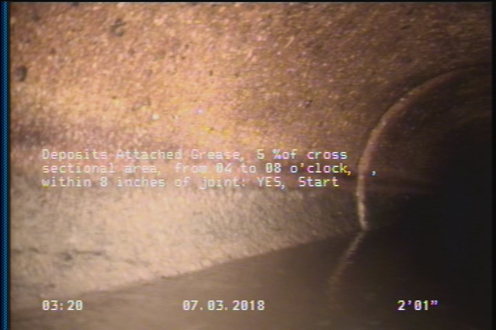 Deposits Attached Grease, 5 %of cross sectional area, from 04 to 08 o'clock, , within 8 inches of joint: YES, Start
