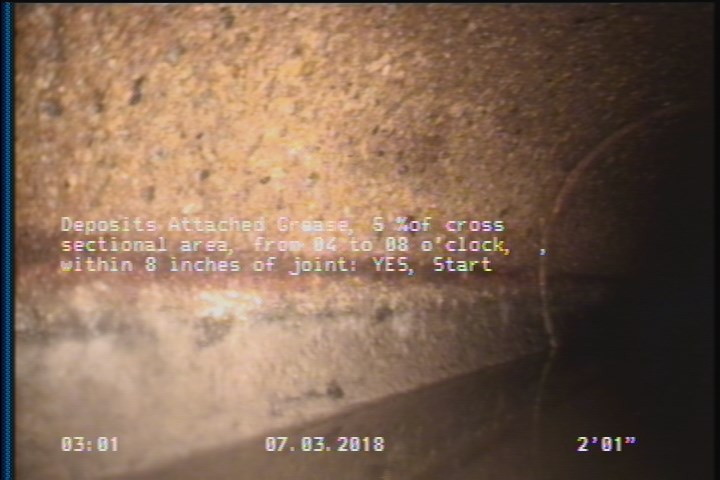 Deposits Attached Grease, 5 %of cross sectional area, from 04 to 08 o'clock, , within 8 inches of joint: YES, Start