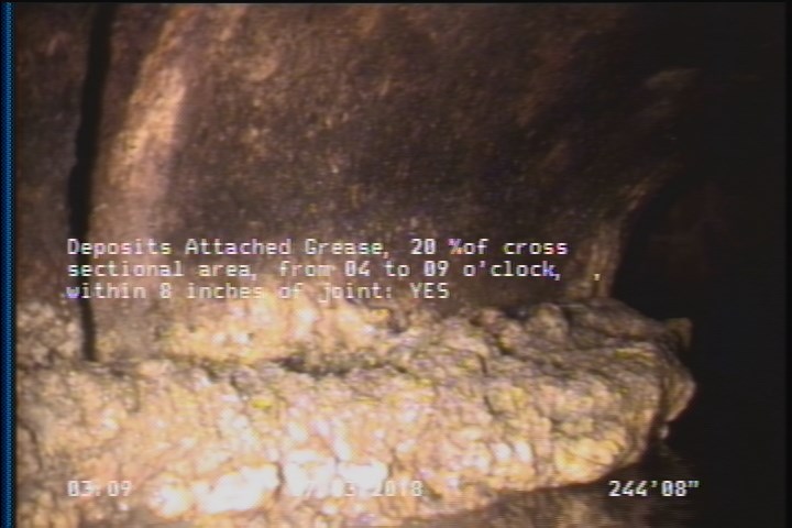 Deposits Attached Grease, 20 %of cross sectional area, from 04 to 09 o'clock, , within 8 inches of joint: YES