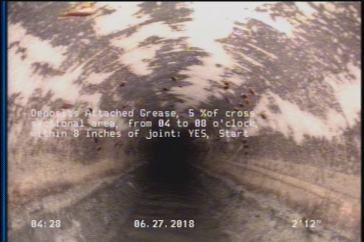 Deposits Attached Grease, 5 %of cross sectional area, from 04 to 08 o'clock, , within 8 inches of joint: YES, Start