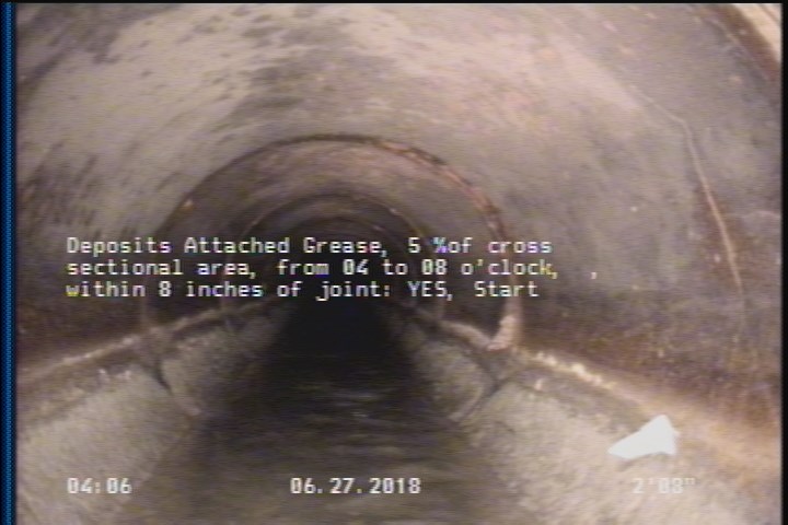Deposits Attached Grease, 5 %of cross sectional area, from 04 to 08 o'clock, , within 8 inches of joint: YES, Start