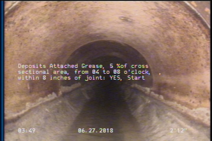 Deposits Attached Grease, 5 %of cross sectional area, from 04 to 08 o'clock, , within 8 inches of joint: YES, Start