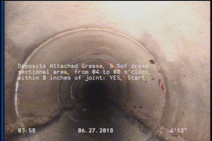 Deposits Attached Grease, 5 %of cross sectional area, from 04 to 08 o'clock, , within 8 inches of joint: YES, Start