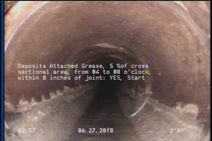 Deposits Attached Grease, 5 %of cross sectional area, from 04 to 08 o'clock, , within 8 inches of joint: YES, Start