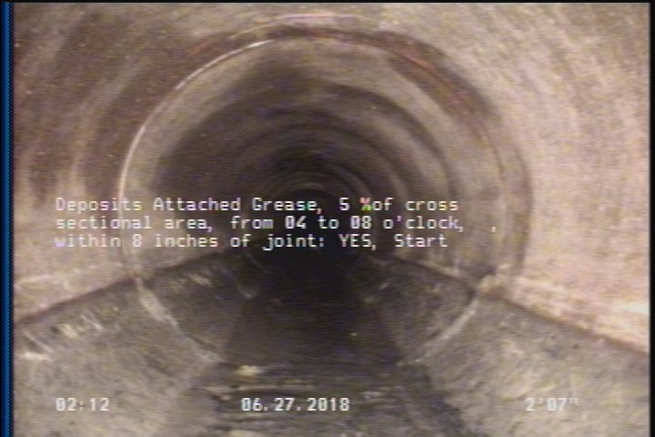Deposits Attached Grease, 5 %of cross sectional area, from 04 to 08 o'clock, , within 8 inches of joint: YES, Start