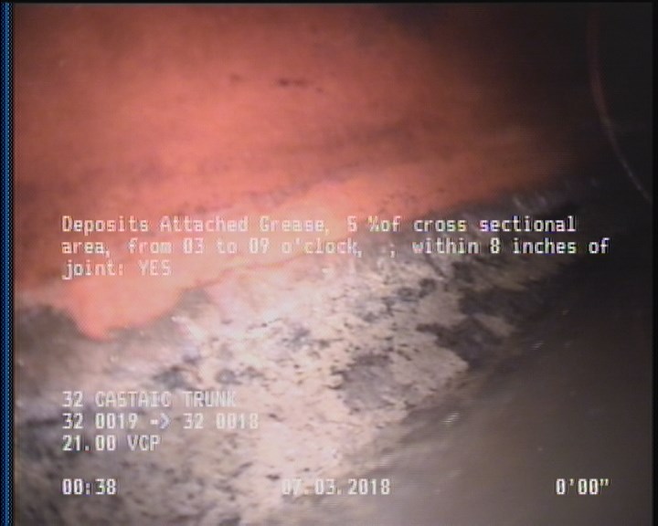 Deposits Attached Grease, 5 %of cross sectional area, from 03 to 09 o'clock, , within 8 inches of joint: YES