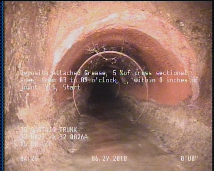 Deposits Attached Grease, 5 %of cross sectional area, from 03 to 09 o'clock, , within 8 inches of joint: YES, Start