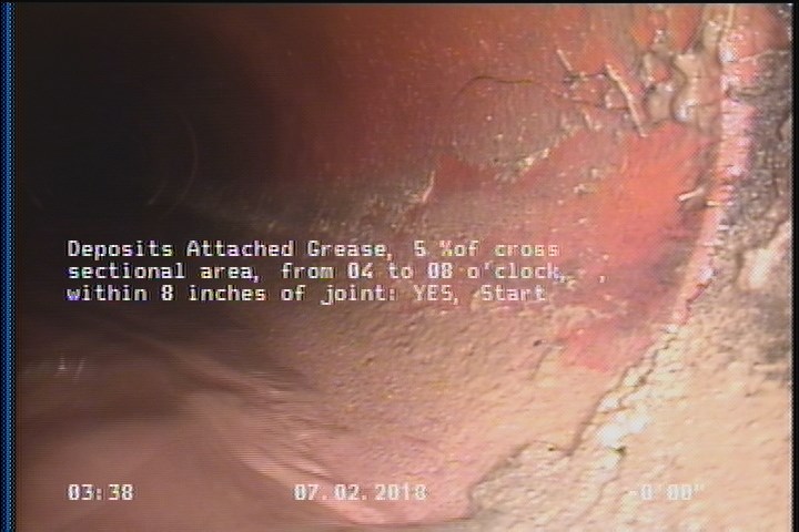 Deposits Attached Grease, 5 %of cross sectional area, from 04 to 08 o'clock, , within 8 inches of joint: YES, Start