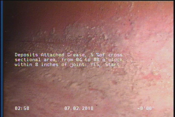 Deposits Attached Grease, 5 %of cross sectional area, from 04 to 08 o'clock, , within 8 inches of joint: YES, Start