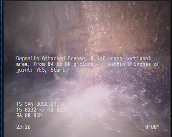 Deposits Attached Grease, 5 %of cross sectional area, from 04 to 08 o'clock, , within 8 inches of joint: YES, Start