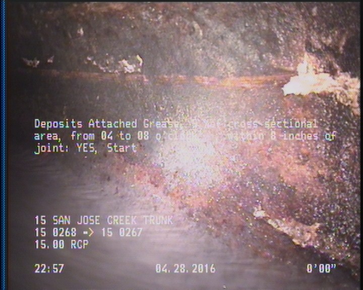 Deposits Attached Grease, 5 %of cross sectional area, from 04 to 08 o'clock, , within 8 inches of joint: YES, Start