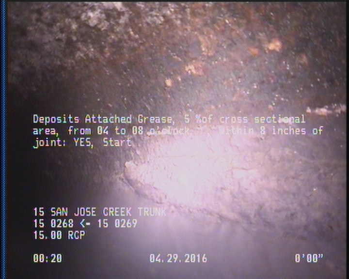 Deposits Attached Grease, 5 %of cross sectional area, from 04 to 08 o'clock, , within 8 inches of joint: YES, Start