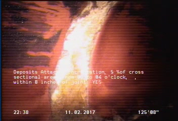 Deposits Attached Encrustation, 5 %of cross sectional area, from 08 to 04 o'clock, , within 8 inches of joint: YES