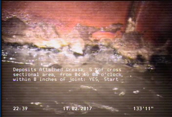Deposits Attached Grease, 5 %of cross sectional area, from 04 to 08 o'clock, , within 8 inches of joint: YES, Start