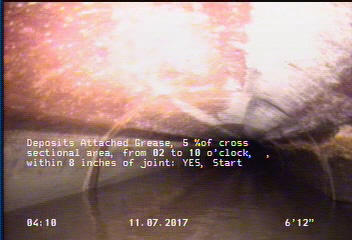 Deposits Attached Grease, 5 %of cross sectional area, from 02 to 10 o'clock, , within 8 inches of joint: YES, Start