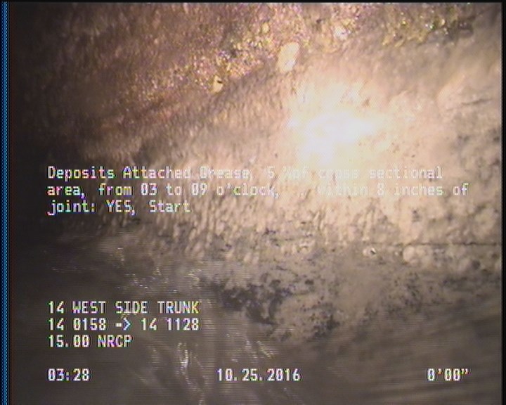 Deposits Attached Grease, 5 %of cross sectional area, from 03 to 09 o'clock, , within 8 inches of joint: YES, Start