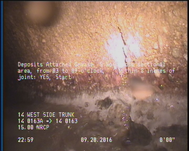 Deposits Attached Grease, 5 %of cross sectional area, from 03 to 09 o'clock, , within 8 inches of joint: YES, Start