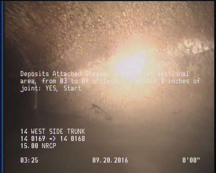 Deposits Attached Grease, 5 %of cross sectional area, from 03 to 09 o'clock, , within 8 inches of joint: YES, Start