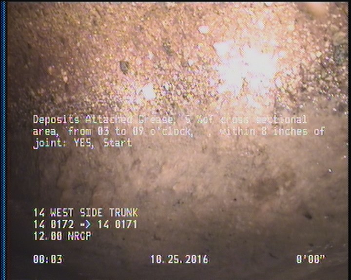 Deposits Attached Grease, 5 %of cross sectional area, from 03 to 09 o'clock, , within 8 inches of joint: YES, Start