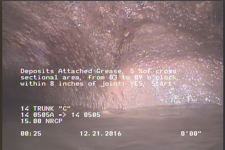 Deposits Attached Grease, 5 %of cross sectional area, from 03 to 09 o'clock, , within 8 inches of joint: YES, Start