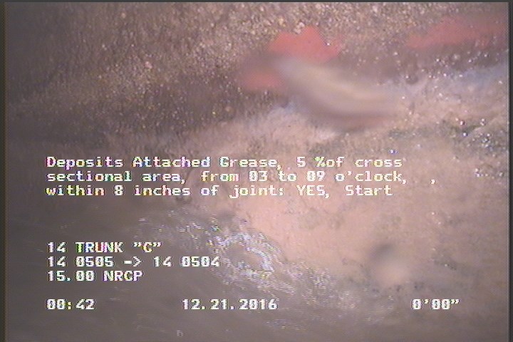 Deposits Attached Grease, 5 %of cross sectional area, from 03 to 09 o'clock, , within 8 inches of joint: YES, Start